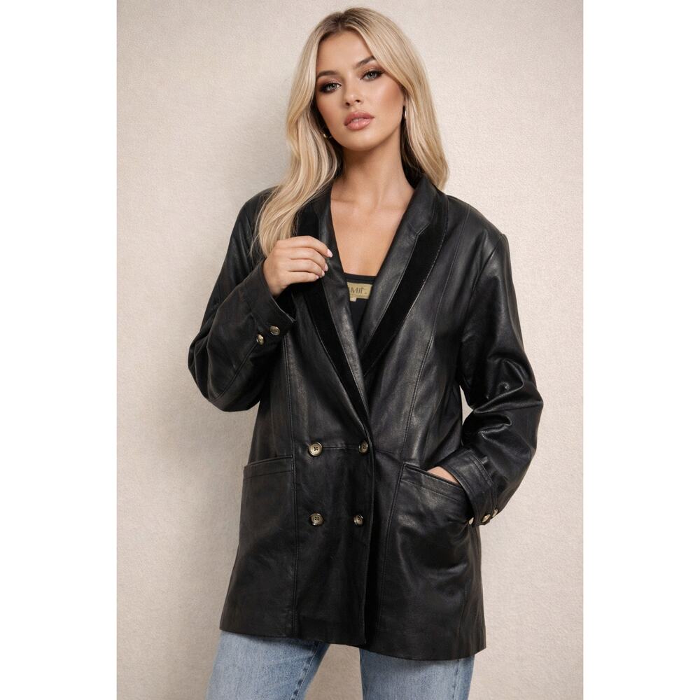 Vintage OMINT Leather Blazer Coat S Long Midi 90s Y2K Mob Wife Goth Black
